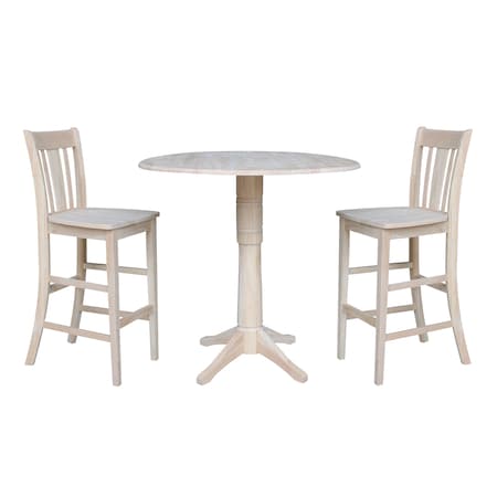 International Concepts Round 42 in Rd Ped Bar Ht Table, 2 Bar Ht Stools, Unfinished, Ready to Finish, 42 in W, 42 in L, Wood K-42DPT-27-S103-2